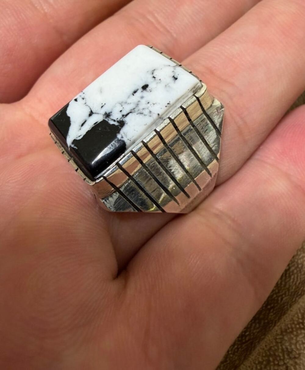 Navajo White Buffalo Turquoise Men's Ring Size 10 Silver
 Sterling - Trevor Jack